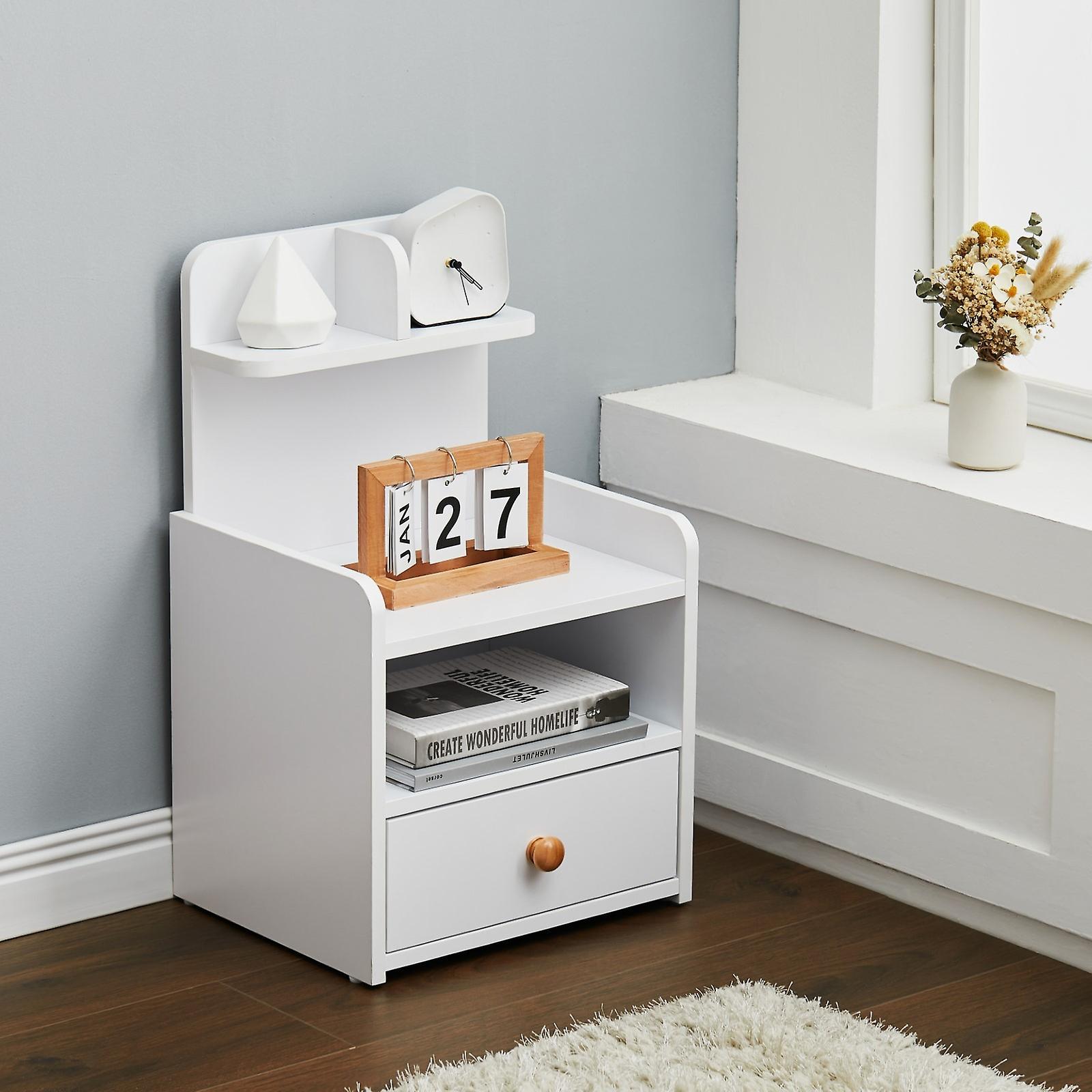 Living And Home Bedside Table, Bedside Cabinet with 1-Drawer and Open Shelf, Wood Nightstand with Plenty of Storage for Bedrooms