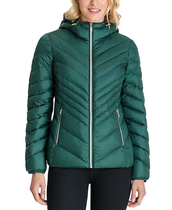 Michael Michael Kors Women's Green Chevron Double Layer Zipper 3/4 Hooded Packable Coat M