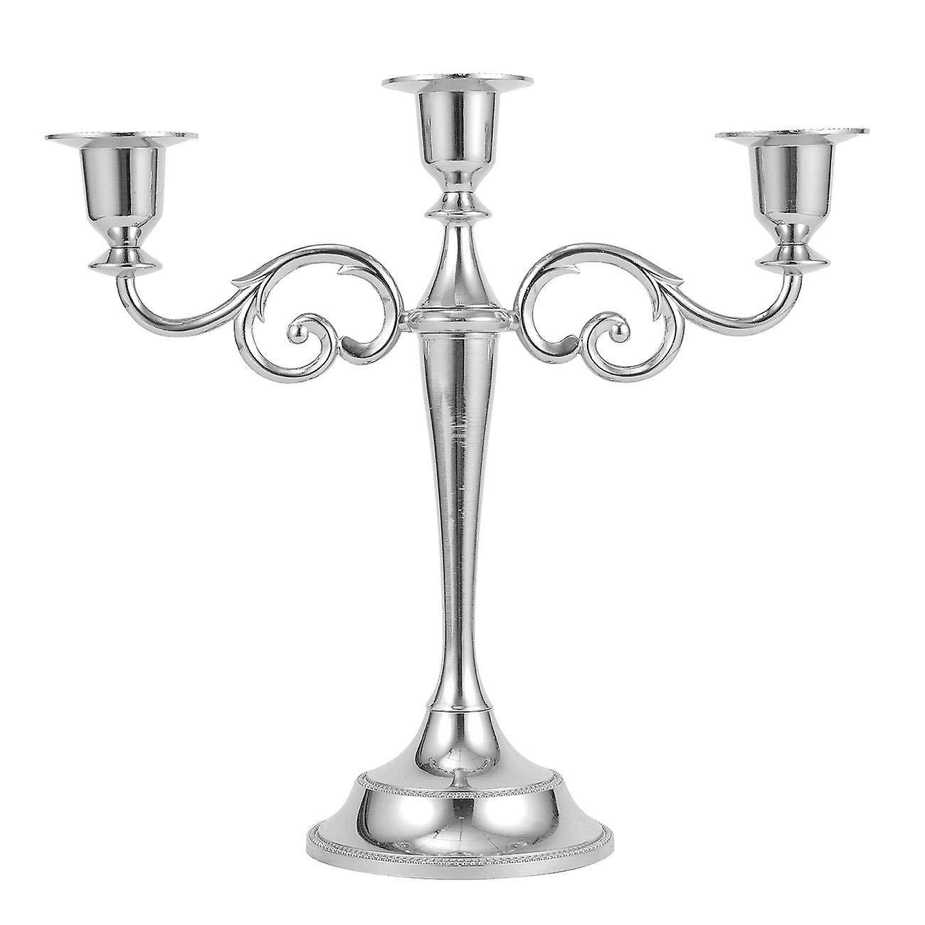 Linkrunning Metal Candle Holder 3-arms Candle Stand Antique Pillar Candelabra Candlestick Chic Decor For Wedding Decoration (Silver)