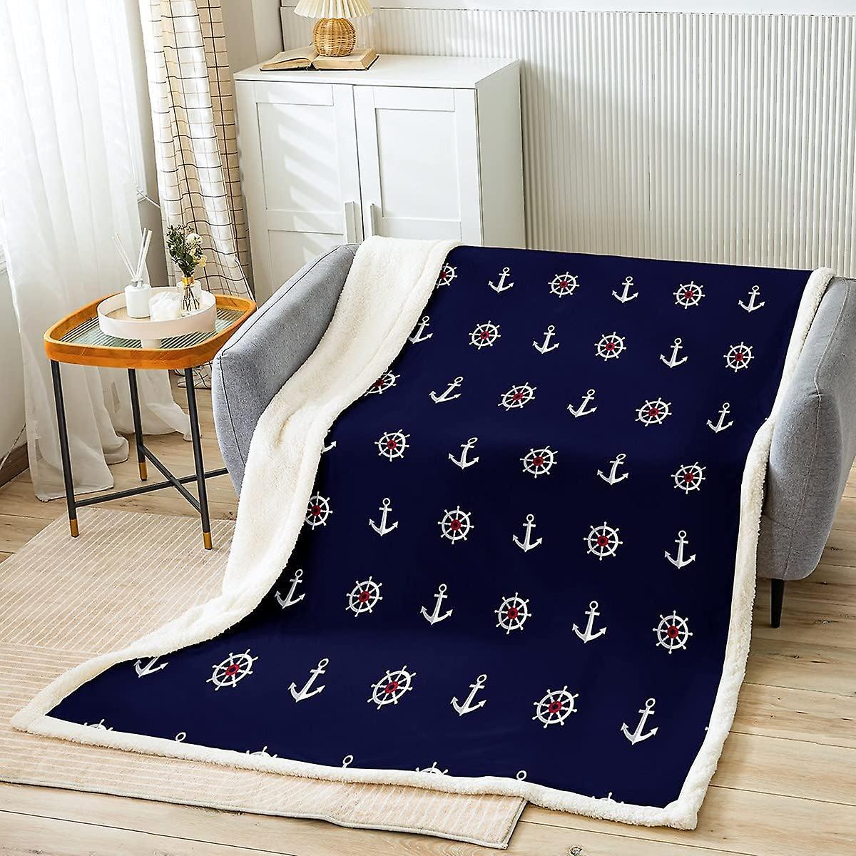 Kerota Anchor Fleece Blanket Nautical Ocean Throw Blanket Sea Adventure Rudder Sherpa Blanket For Bed Sofa Plush Fuzzy Blanket King 80x60in 200x150cm