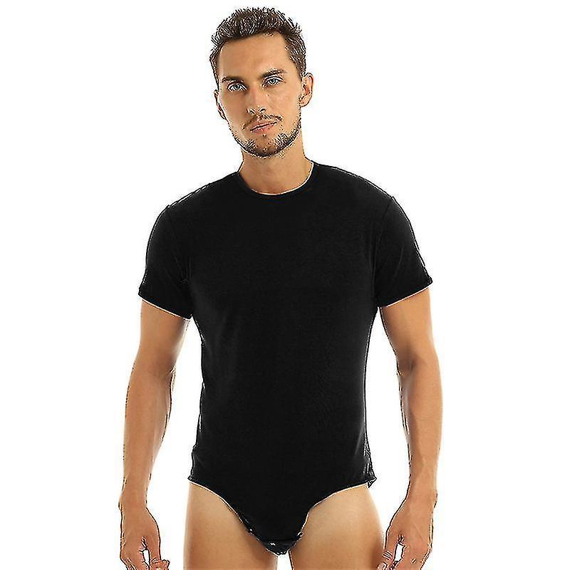 Seventeen Men Adults Slim Body Bodybuilding Undershirts Round Neck Short Sleeves Press Crotch T-shirt Bodysuit One Piece Underwear Romper Black M