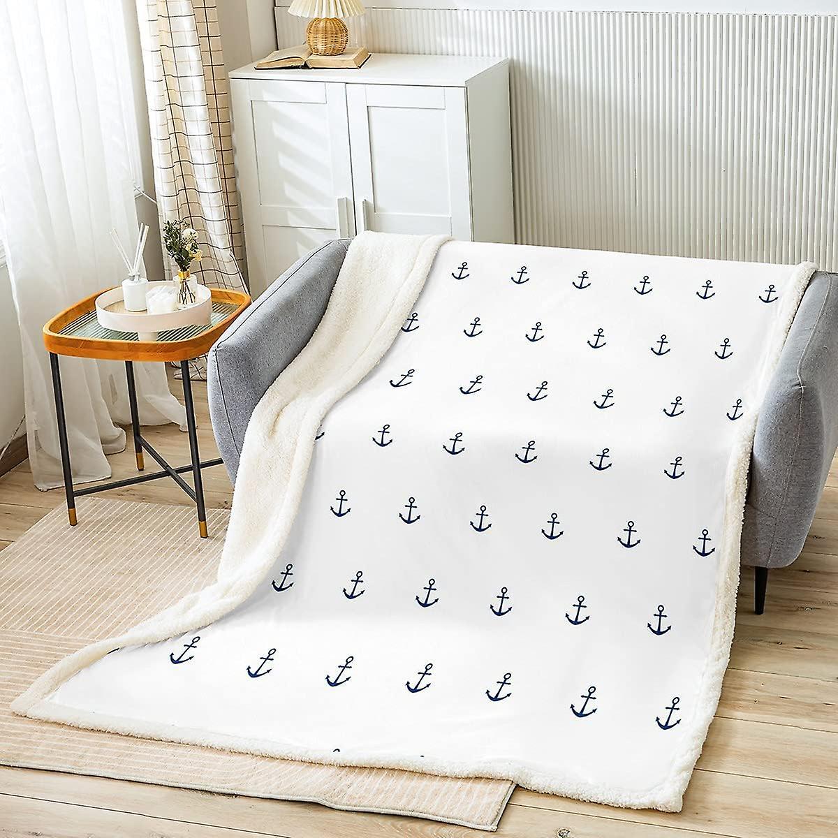 Kerota Anchor Fleece Blanket Nautical Ocean Throw Blanket Sea Adventure Sherpa Blanket For Bed Sofa White Blue Plush Fuzzy Blanket Single 50x40in 1...