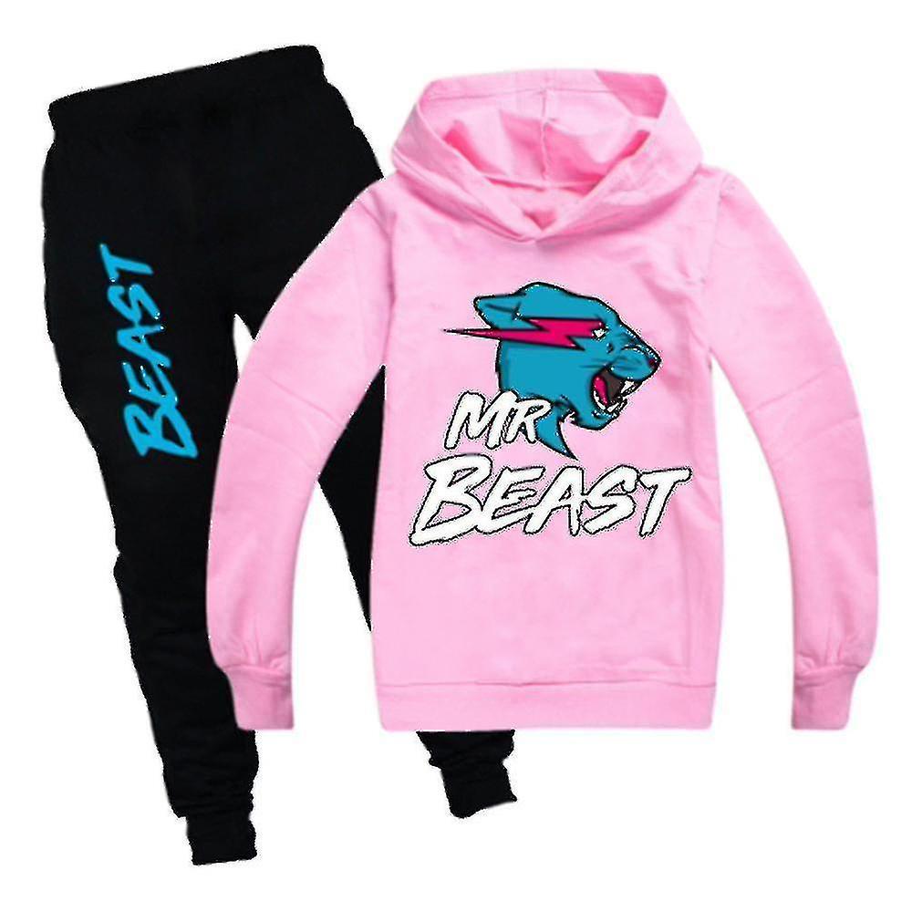 Mike 7-14 Years Kids Boys Girls Mr Beast Lightning Cat Casual Hoodies+pants Suit Tracksuit Outfits Sets Gifts Pink 13-14 Years