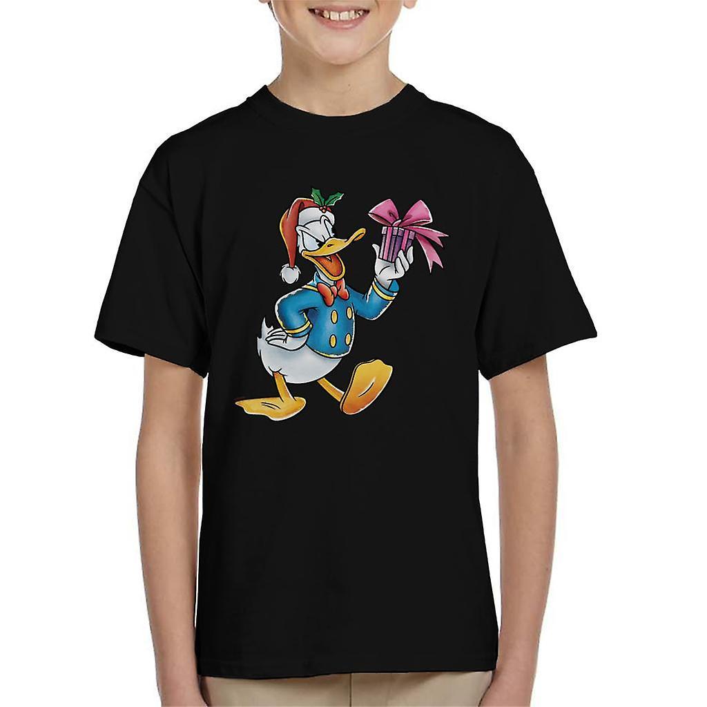 Disney Christmas Donald Duck Holding Present Kid's T-Shirt Black Medium (7-8 yrs)