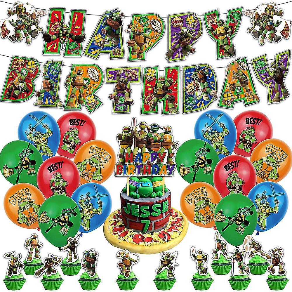 Teenage Mutant Ninja Turtles Themed Happy Birthday Party Supplies Kit Banner Balloons Cake Cupcake Toppers Decoration Set WHBYV