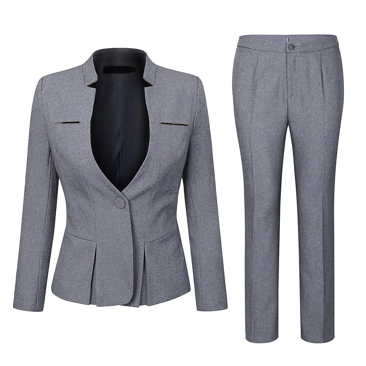 Yynuda Womens 2-piece Business Suit Ruffle Hem One Button Professional Workwear (blazer + Pants) Light Grey XL