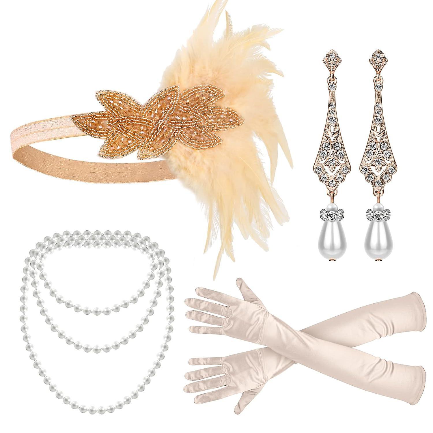 Morakot Flapper Accessories, 1920s Gatsby Accessories For Women Includes Flapper Headbands Necklace Gloves Black Beige