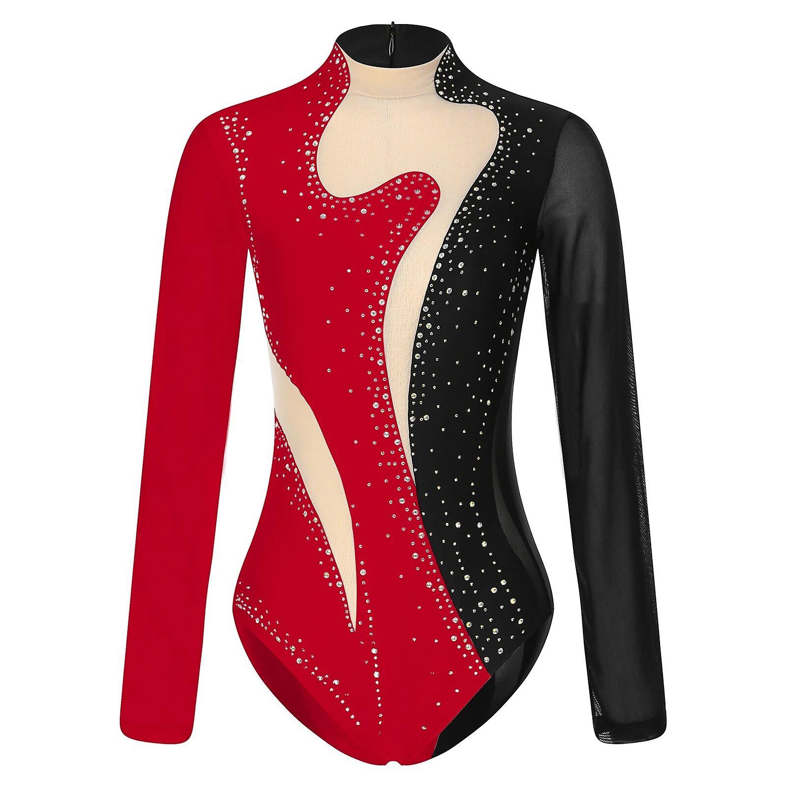 Aionyaaa Womens Patchwork Ballet Dance Leotard Rhinestone Sheer Mesh Long Sleeve Gymnastics Bodysuit Acrobatics Figure Skating Jumpsuit S Black Red