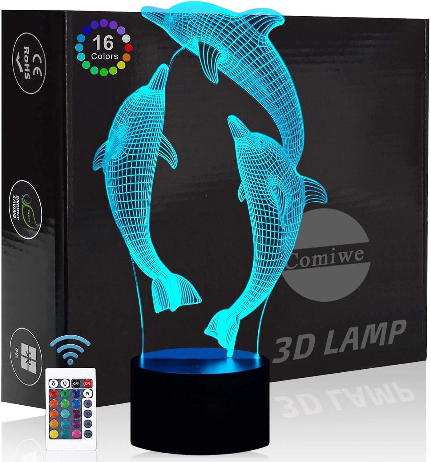 Heyone Dolphin 3d Illusion Night Light Toys,16 Colors Change Smart Touch & Remote Control,home Decor Led Bedside Table Desk Lamp,christmas Birthday