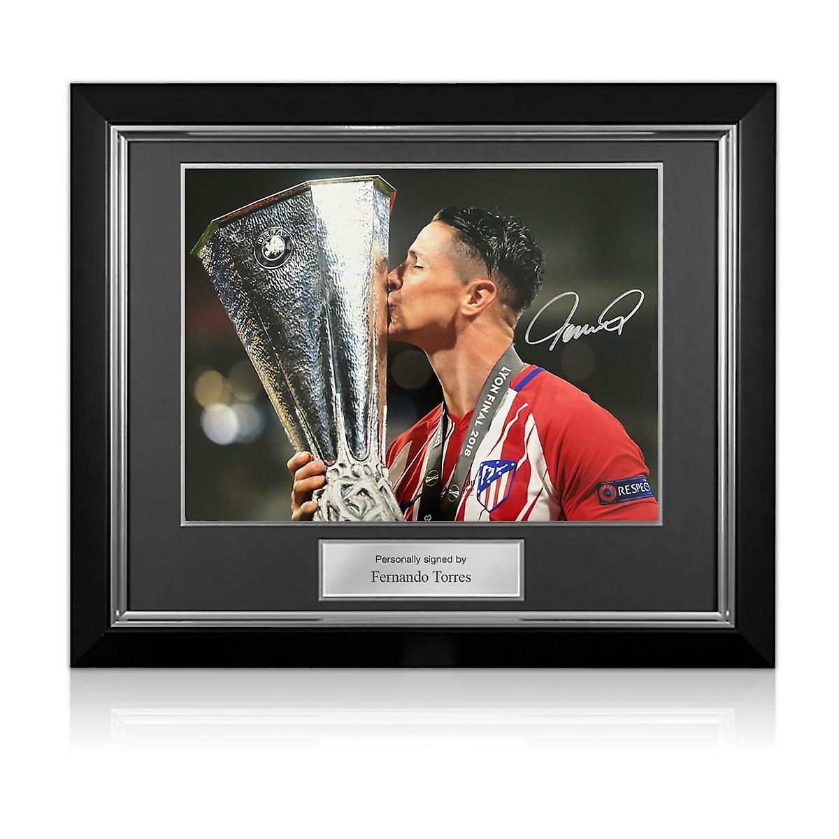 Exclusive Memorabilia Fernando Torres Signed Atletico Madrid Football Photo: Europa Trophy. Deluxe Frame