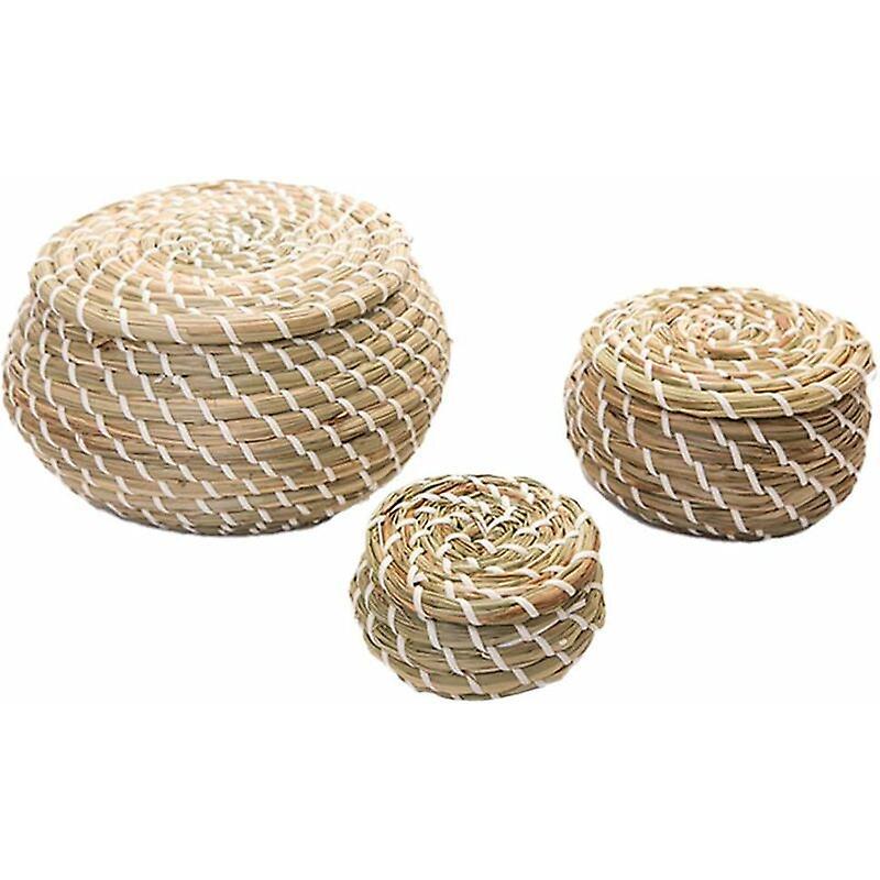 Asygv 3 Pieces Woven Seagrass Basket Wicker Rattan Storage Baskets Round Box Picnic Baskets Laundry Baskets with Lid