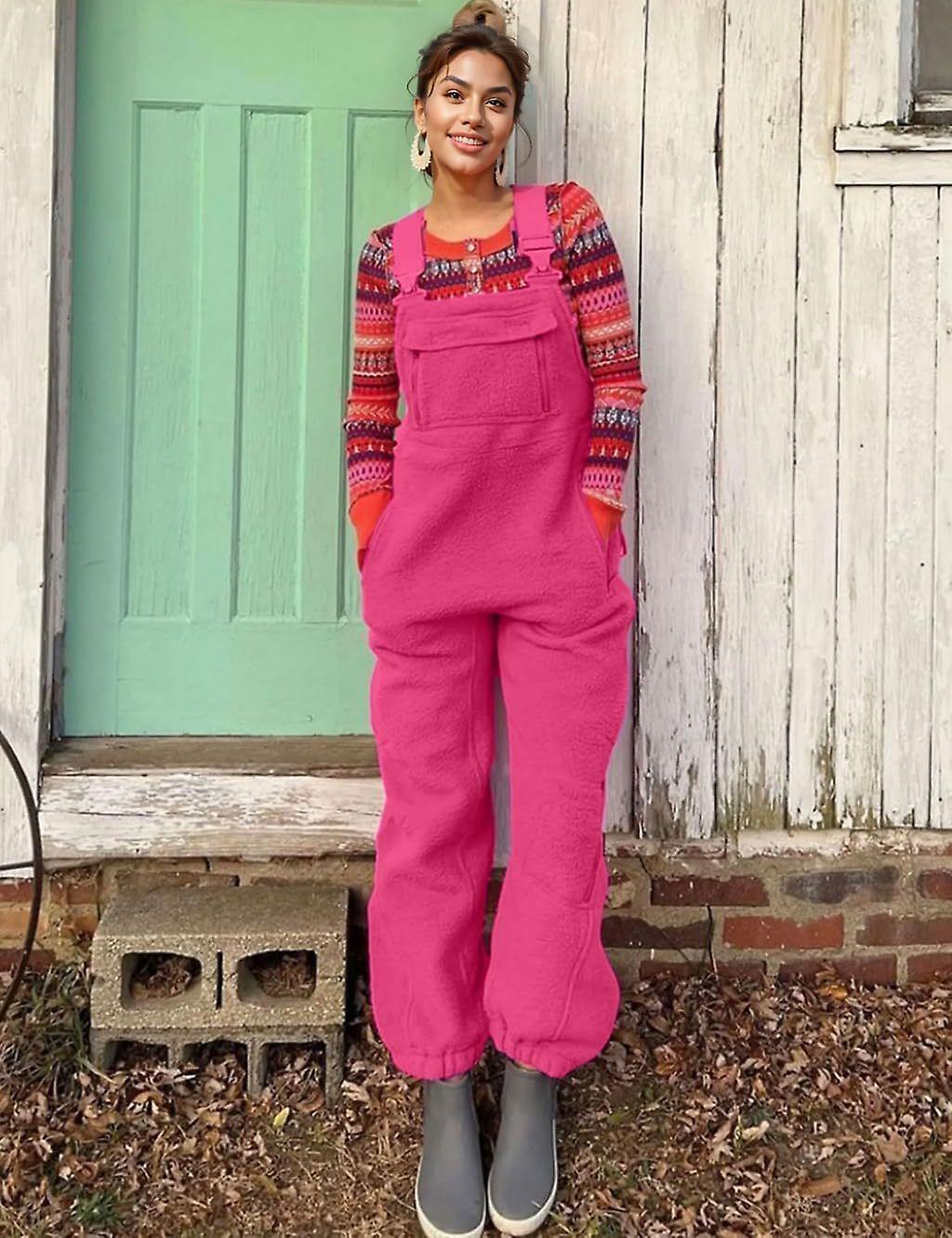 Clearv Sherpa Overalls, Sherpa Overalls Women, Sherpa Fleece Overalls Rose Red L