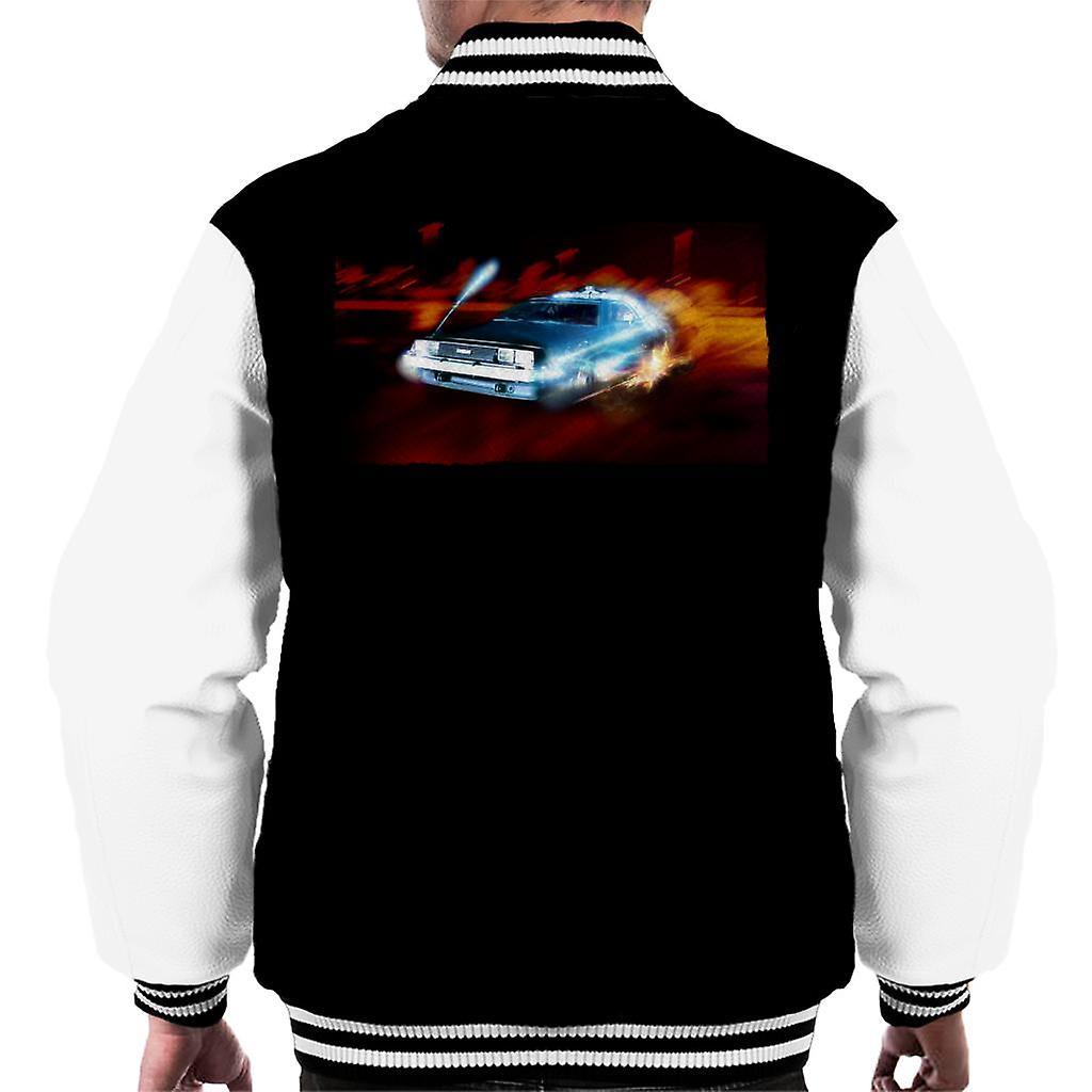 Back to the Future Delorean Electric Charged Take Off Men's Varsity Jacket Black/White Large