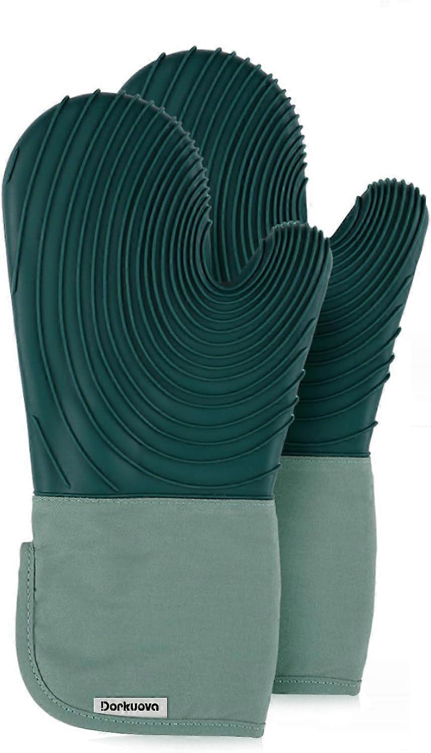 Heyone Silicone Oven Mitt Set, Cotton Lined Mitts, BPA Free, Long Cooking Mitts and Tripod Pad, Silicone Grill Mitts, 2 Piece, (Green)