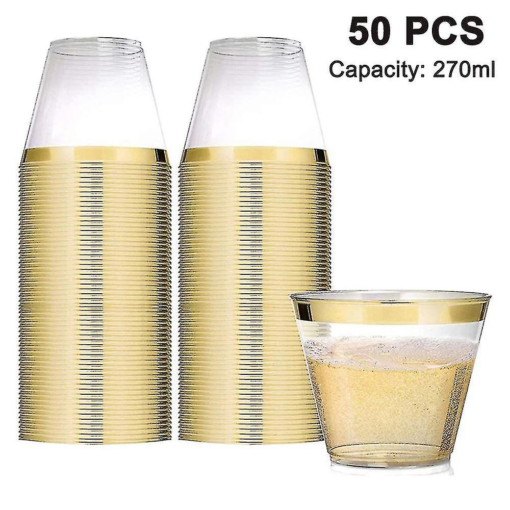 Tianzun 50 Pack Gold Rimmed Plastic Cups, 9 Oz Clear Crystal Plastic Wine Cups Gold Rim