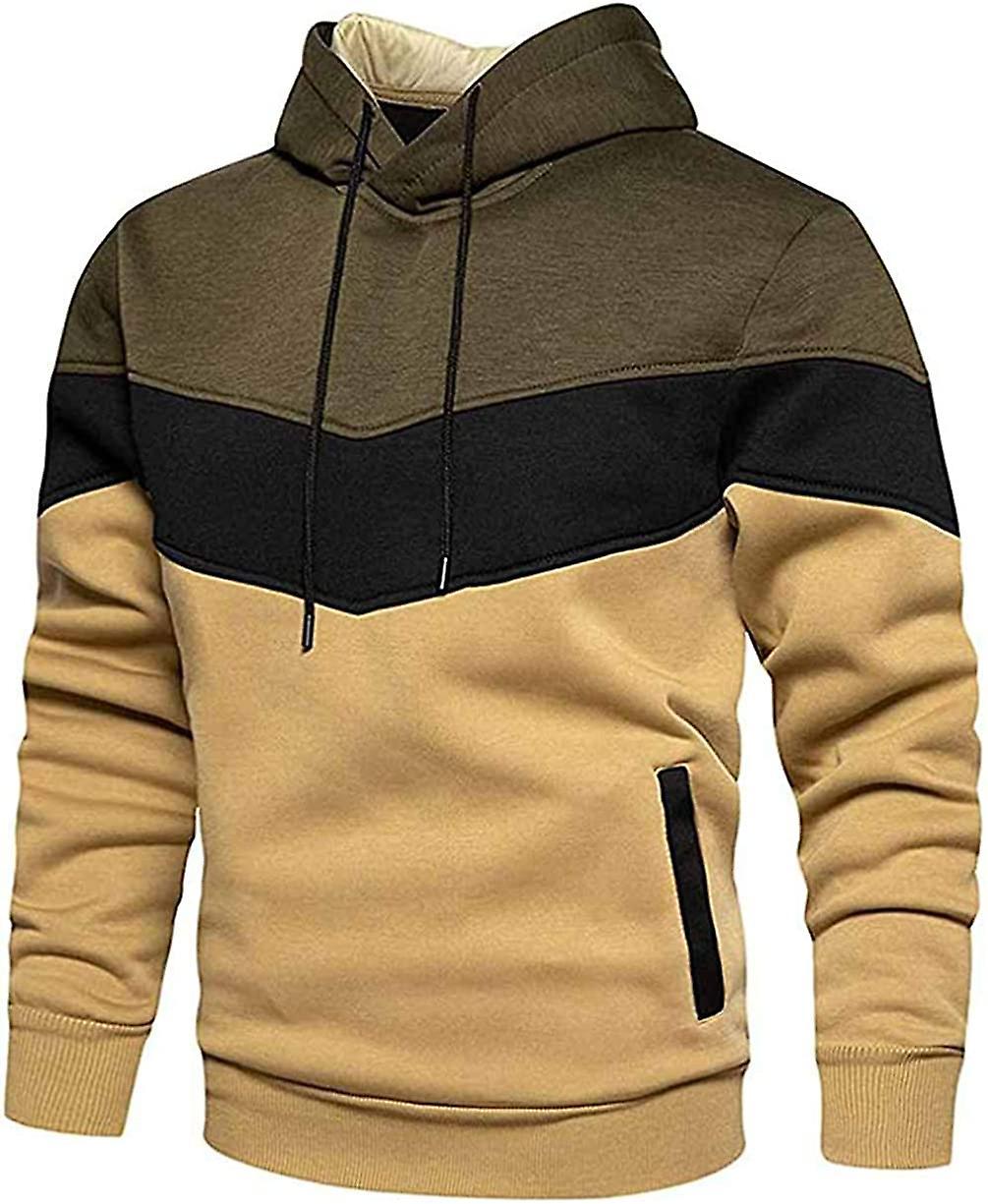 Comefohome Hoodie Men's Pullover Long Sleeve Sweatshirt Hoodie Colour Block Sweatshirt Khaki L