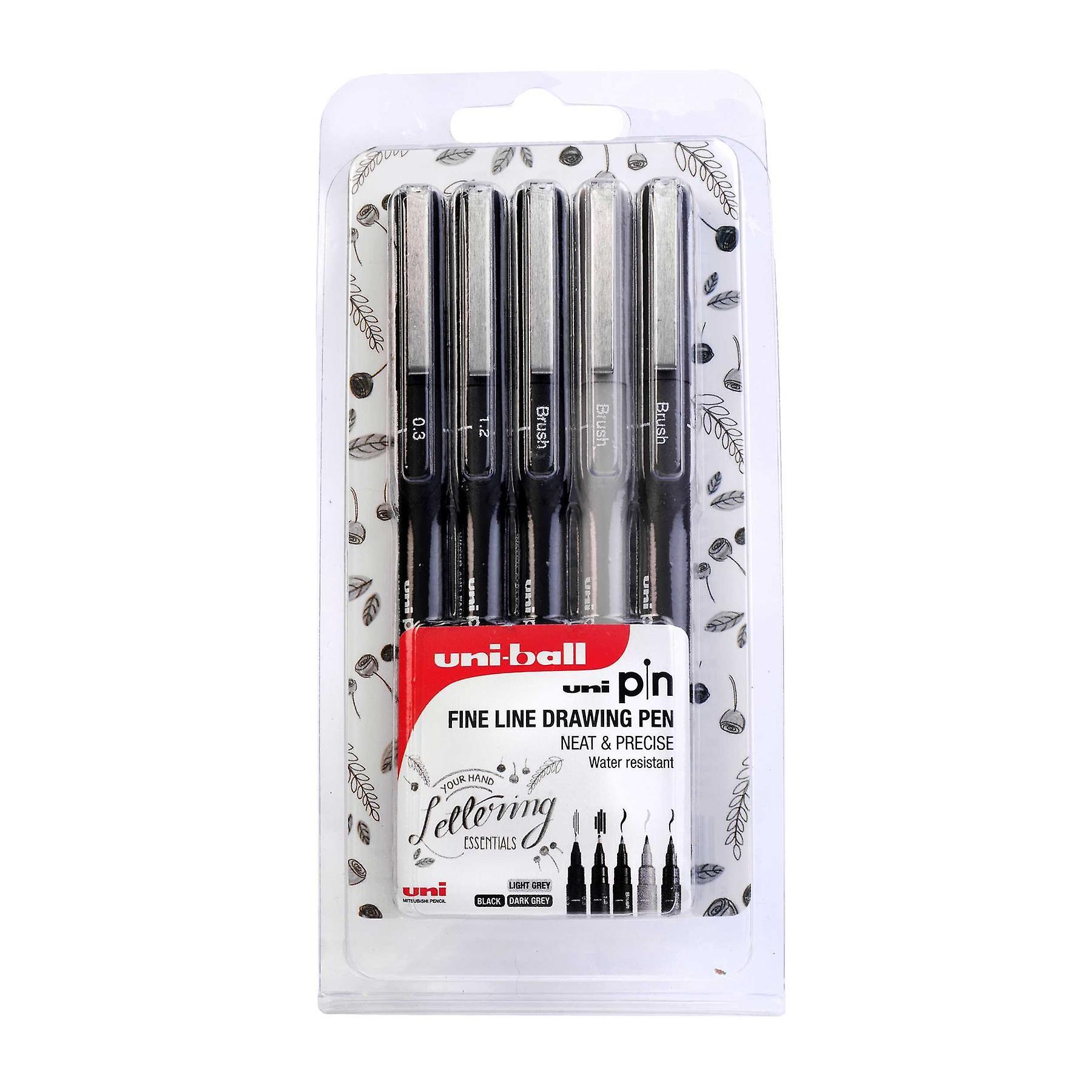 Uni-Ball Pin Fine Line Drawing Pen Hand Lettering Set of 5 Black/Light Grey/Dark Grey 0.3, 1.2, Brush