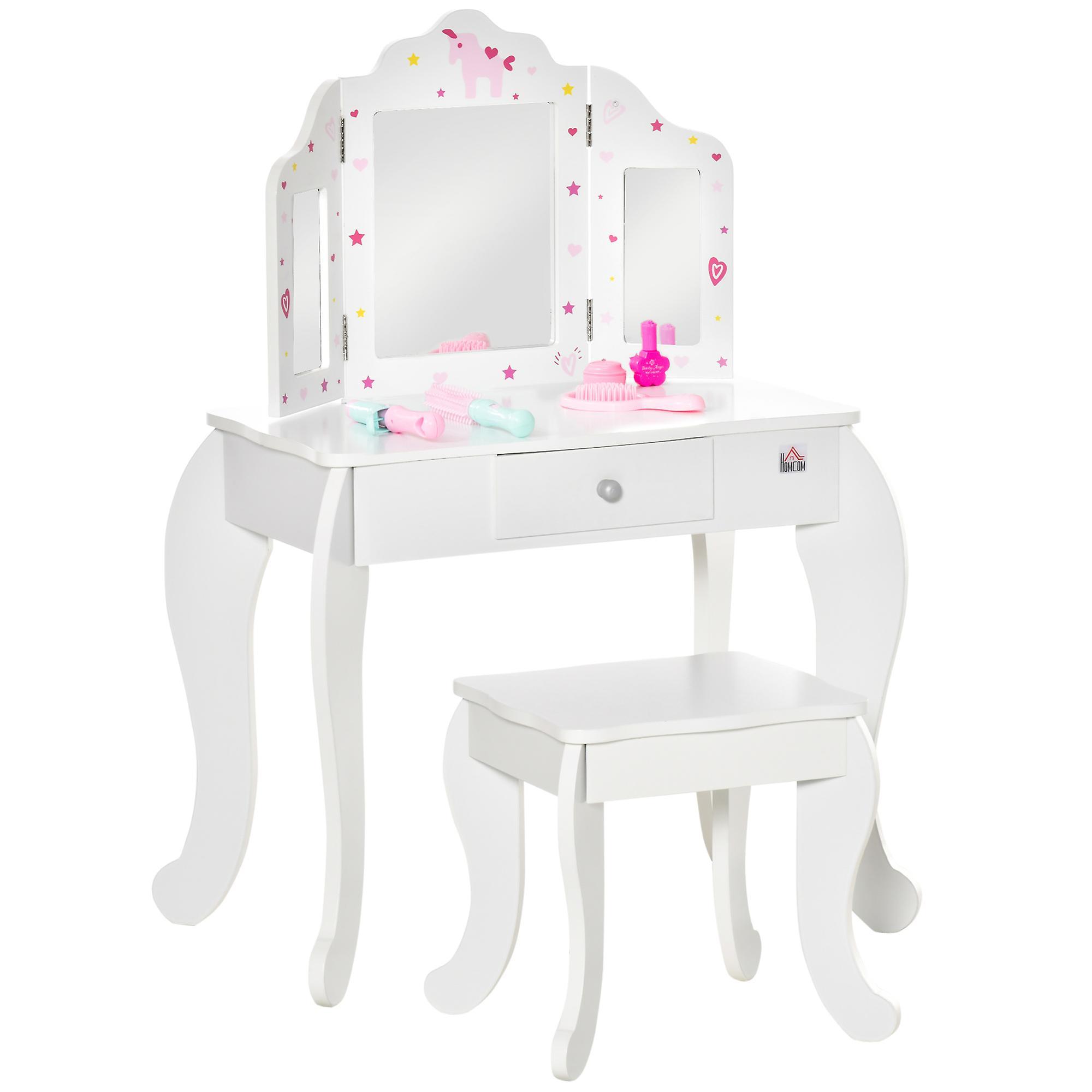 Kids Vanity Table & Stool Girls Dressing Set with Rotatable Mirror Drawer