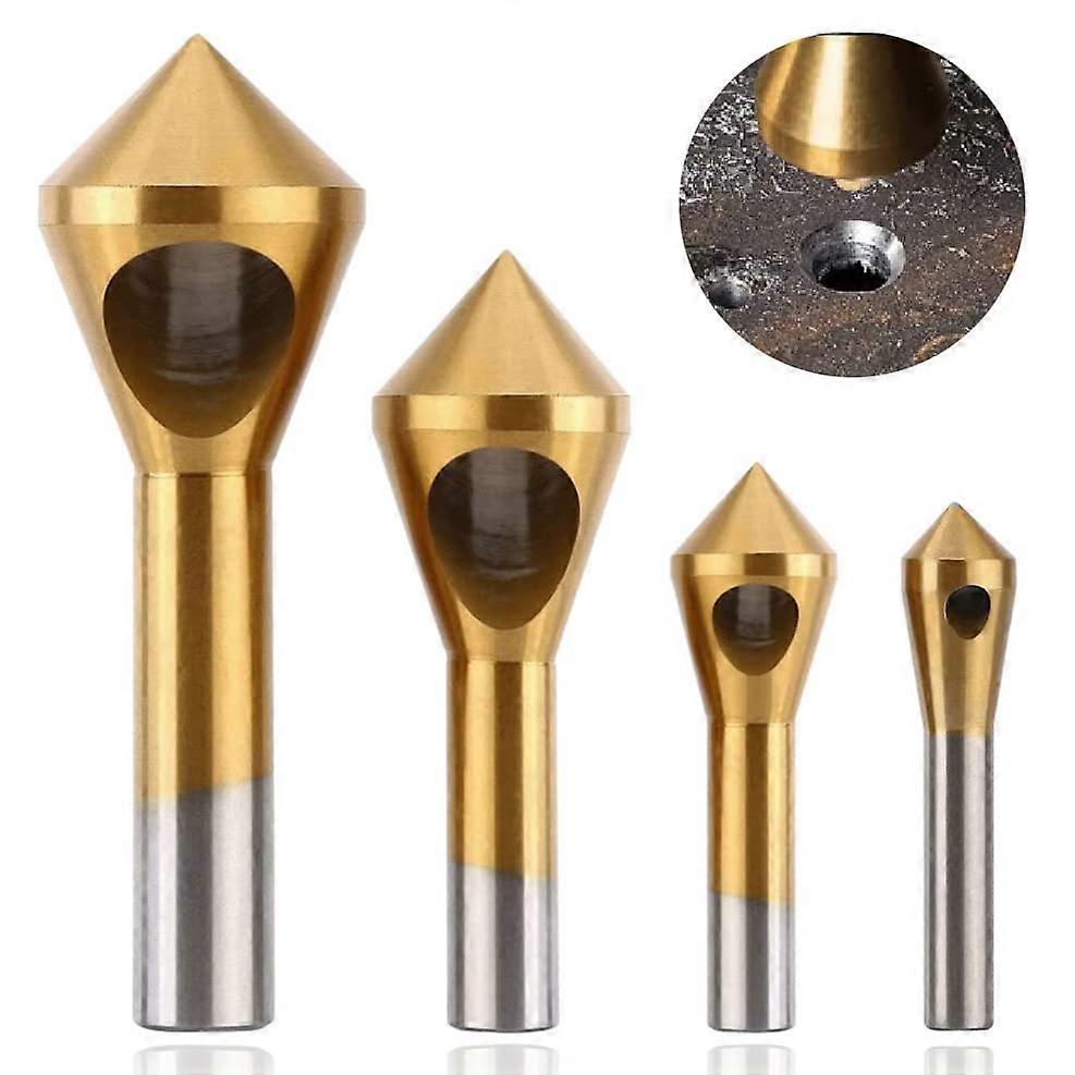 Szczw Set of 4 Chamfer Countersink Flutes Cone Drill Bit with Hex Wrench Chamfering Tool for Wood