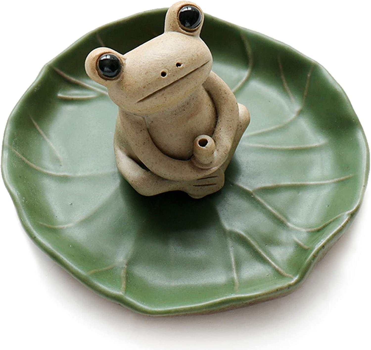 Wjiaer 100% Handmade Ceramic Stick Incense Burner Holder,small Frog Incense,lotus Leaf Tray,mini Cute Animal Statue Home Incense Burner