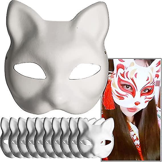 Halloween Mask Otwoo White Paper Mask Cat Face - 10 Pieces, Pulp Blank Hand Painted Mask, Personalized Design, Suitable For Halloween Fancy Dress C...