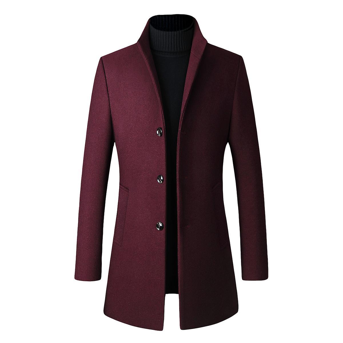 Allthemen Mens Slim Fit Stand Collar Autumn Wool Overcoat Wine Red L