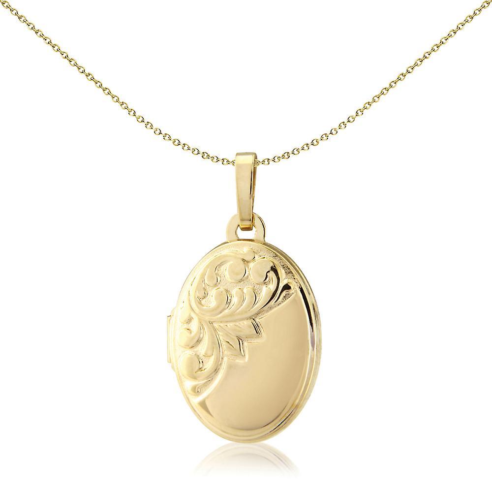 9ct Gold  Floral Motif Engraved Oval Locket Pendant 15x11mm - LKNR02206