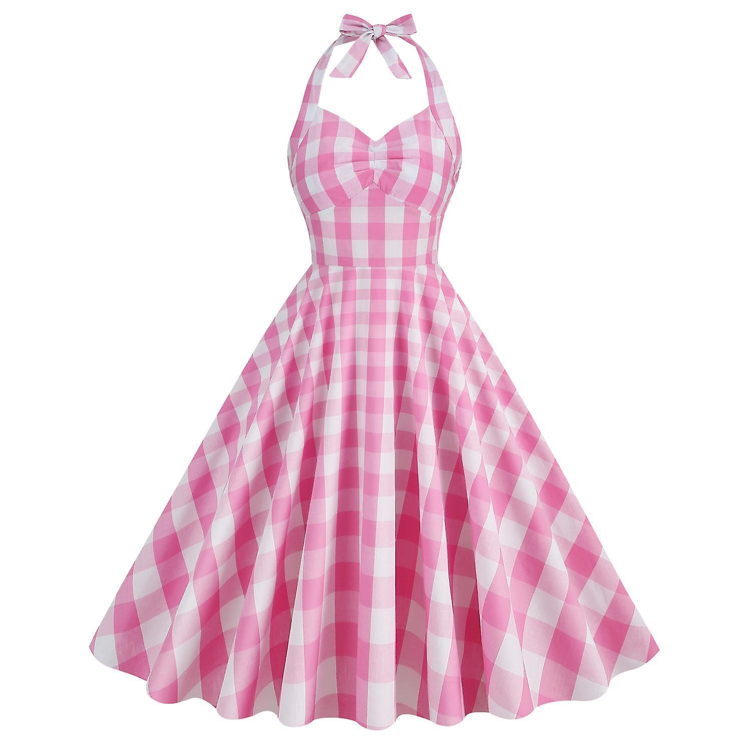 Ruitong Pink Plaid Dress for Women Pink Gingham Dress Vintage Rockabilly Dresses XL