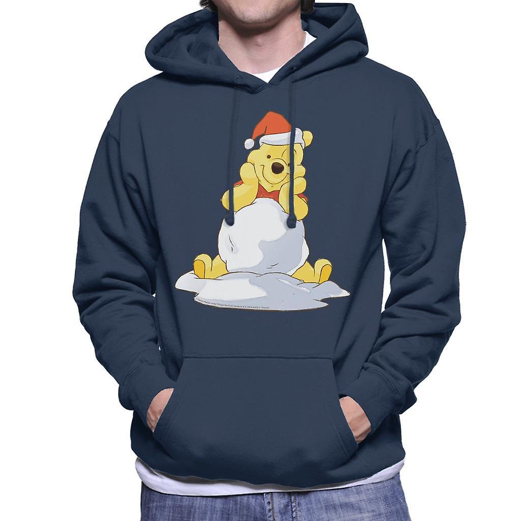 Disney Christmas Winnie The Pooh In The Snow Men's Hooded Sweatshirt Navy Blue Small