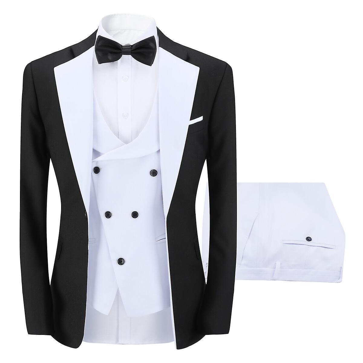 Sliktaa Mens 3 Piece ColorBlock Suits Dress Wedding Party Blazer and Waistcoat and Pants White M