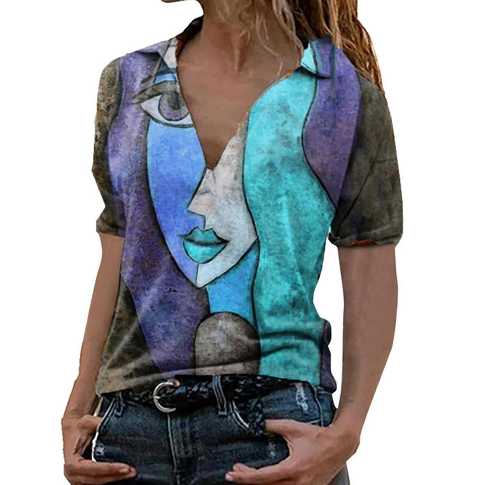 Swhyv Picasso Dreams V-neck Top Print Casual Blouse For Women Pullover Short Sleeve Top Round Neck Sweatshirt Blue M