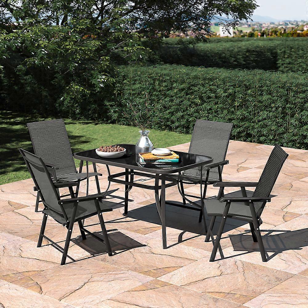 Living And Home Set of 5 Garden 120CM Rectangle Glass Umbrella Table and Folding Chairs Set