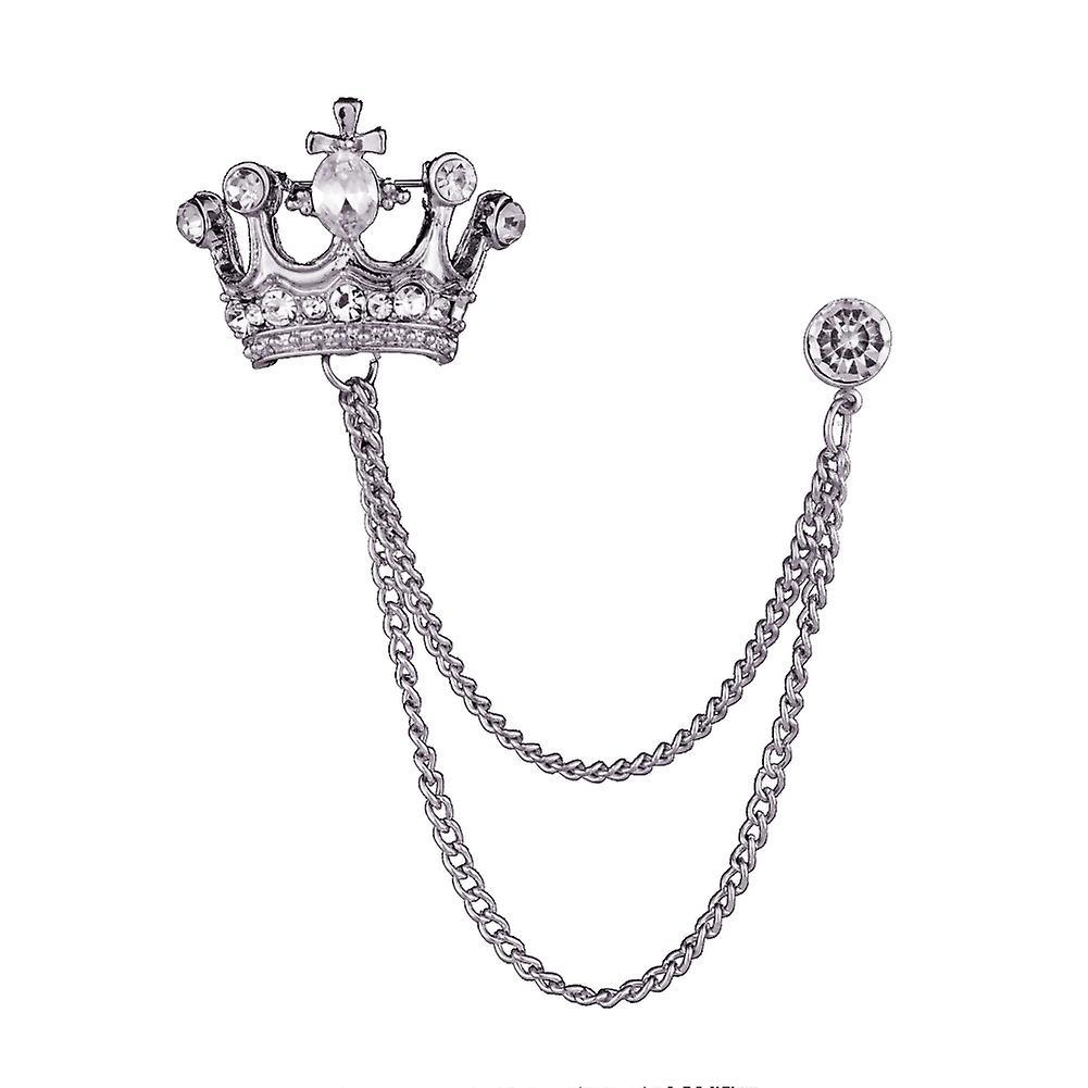 Hislaves Unisex Crown Shape Brooch Tassel Chain Lapel Pin Retro Corsage Suit Accessory Silver