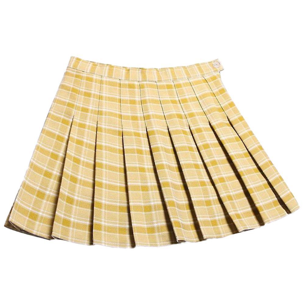 Fianao Women Plaid High Waist Flared Pleat A Line Mini Skater Skirt with Safety Shorts Yellow XS