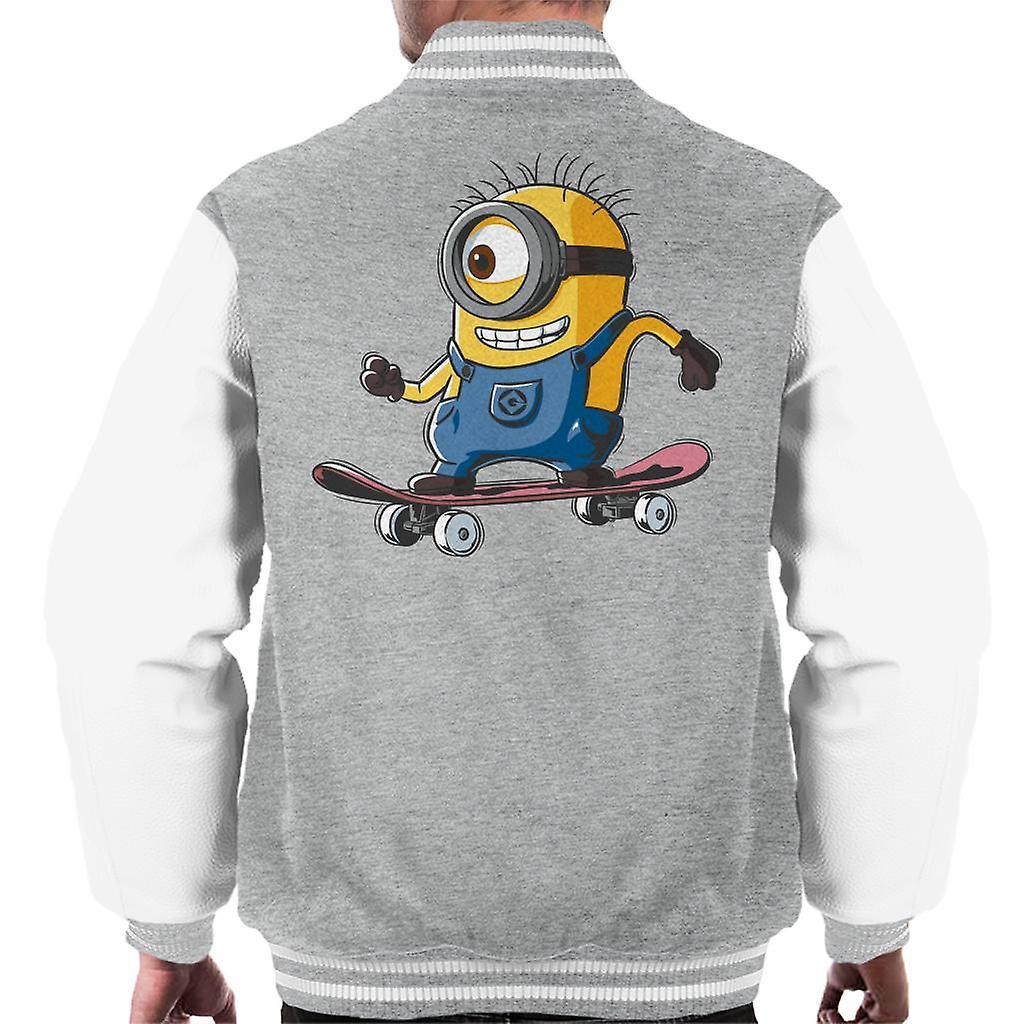 Despicable Me Carl The Minion Skateboarding Men's Varsity Jacket Heather Grey/White X-Large