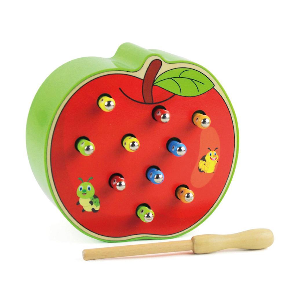 Remorui Fruit Shape Wooden Magnetic Catch Colorful Worms Game Interactive Kids Toy Gift Apple