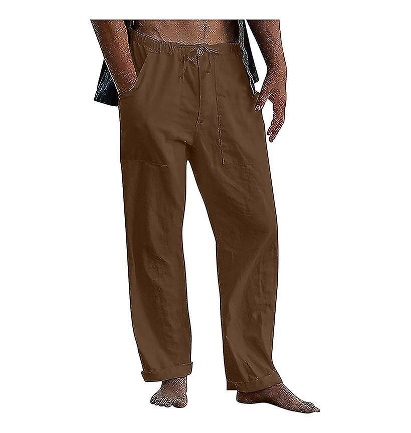 Nss Men's Linen Pants Casual Loose Pants Drawstring Elastic Waist Sweatpants BROWN XL