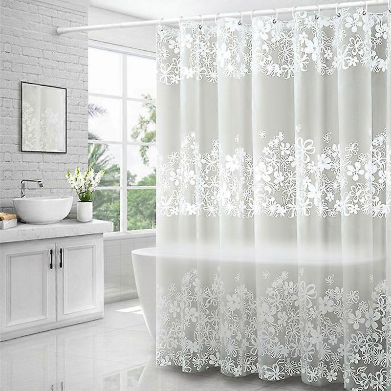 Sztxj Mildew Proof Shower Curtain, 180 X 200cm, Waterproof PEVA Shower Curtain With White Flower, Includes Wrinkle Rings