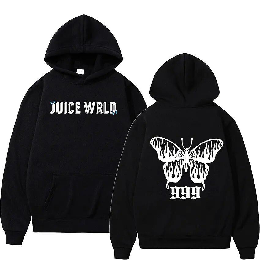 Cciyu Rapper Juice Wrld Butterfly Print Hoodie Men Women Hip Hop Fashion Pullover Sweatshirt Casual Fleece Oversized Hooded Streetwear Black M