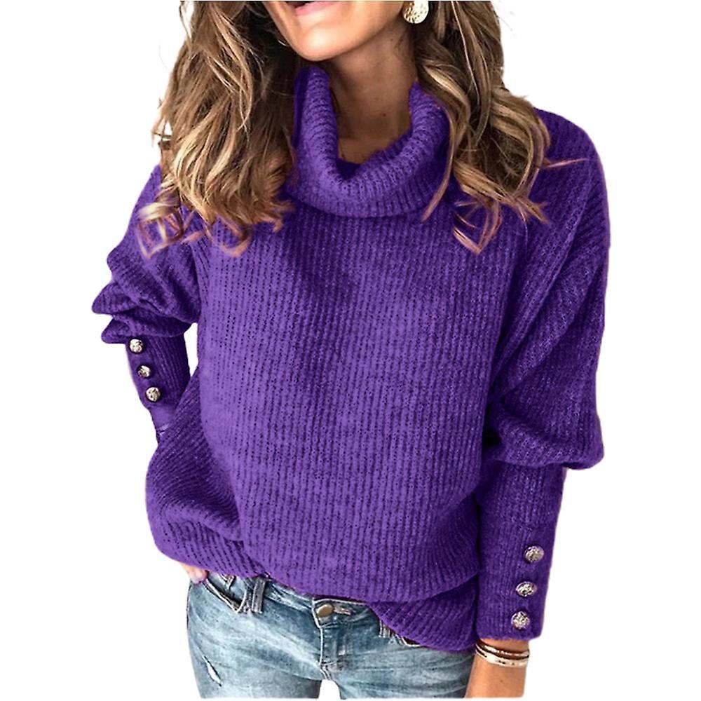 Lingjia Womens Turtleneck Sweater Long Sleeve Knit Bottons Jumper Ladies Loose Casual Pullover Sweater Purple M