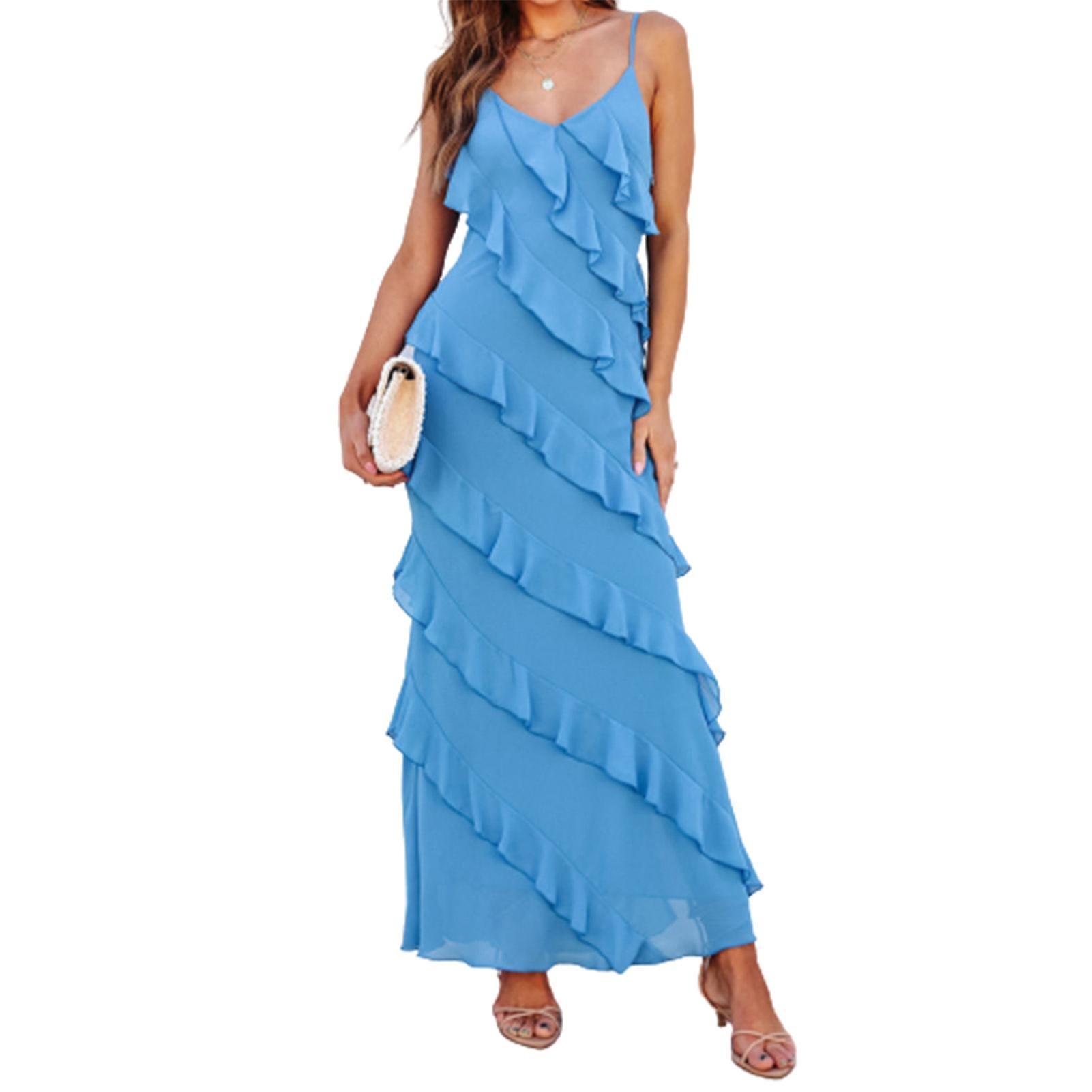 Cloud Xiang Woman U-collar Tunic Dress Woman Oversize Sexy Dress For Going Beach Side Wear Blue S