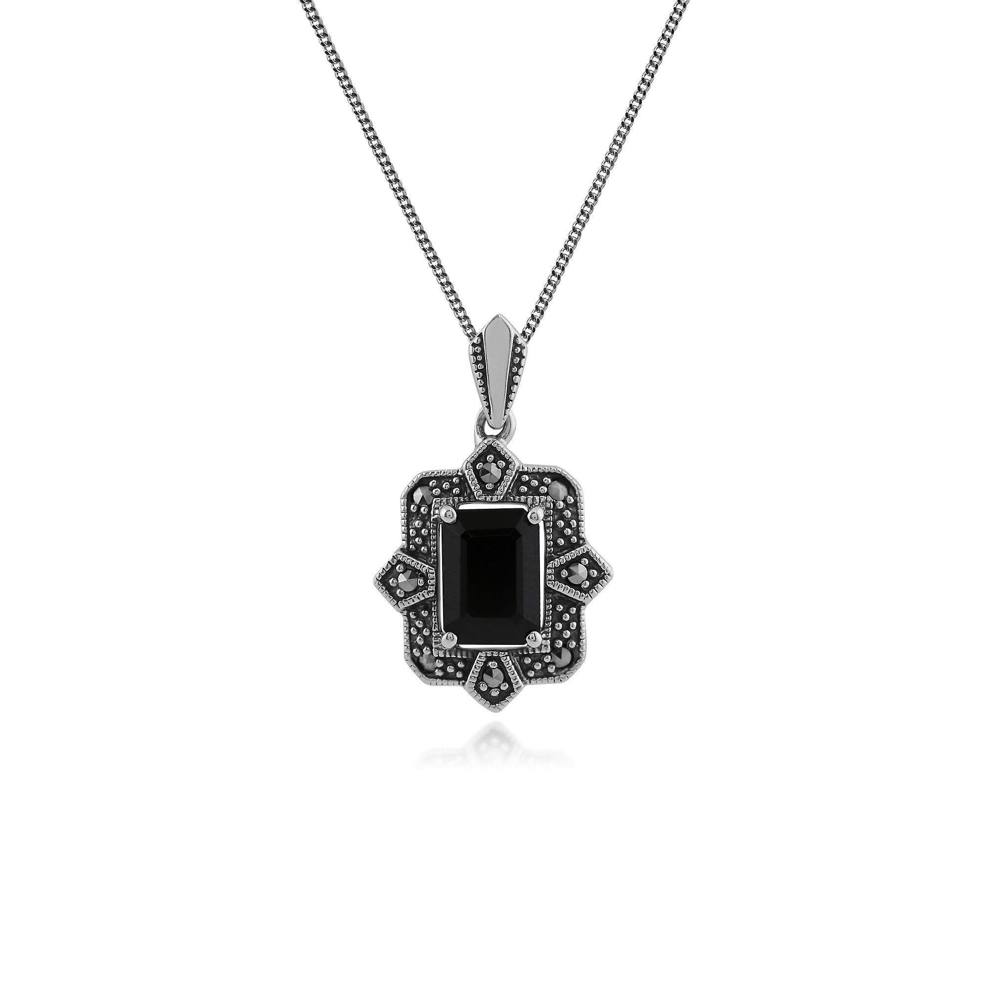 Gemondo Art Deco Style Octagon Black Spinel & Marcasite Pendant Necklace in 925 Sterling Silver 214P297801925 One Size