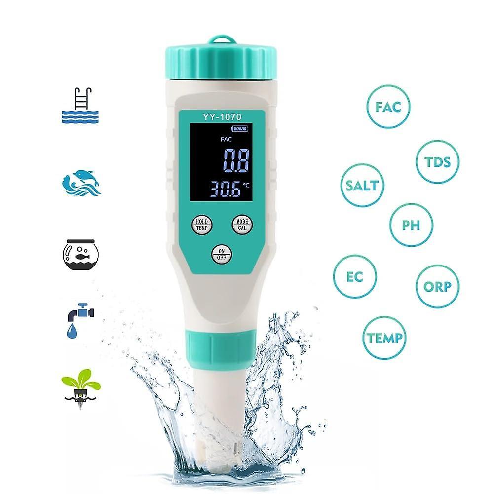 Sunset 7 In 1 Ph/free Chlorine/orp/ec/tds/salt/temp Ph Meter Swimming Pool Salinity Tester Ip67 Waterproof