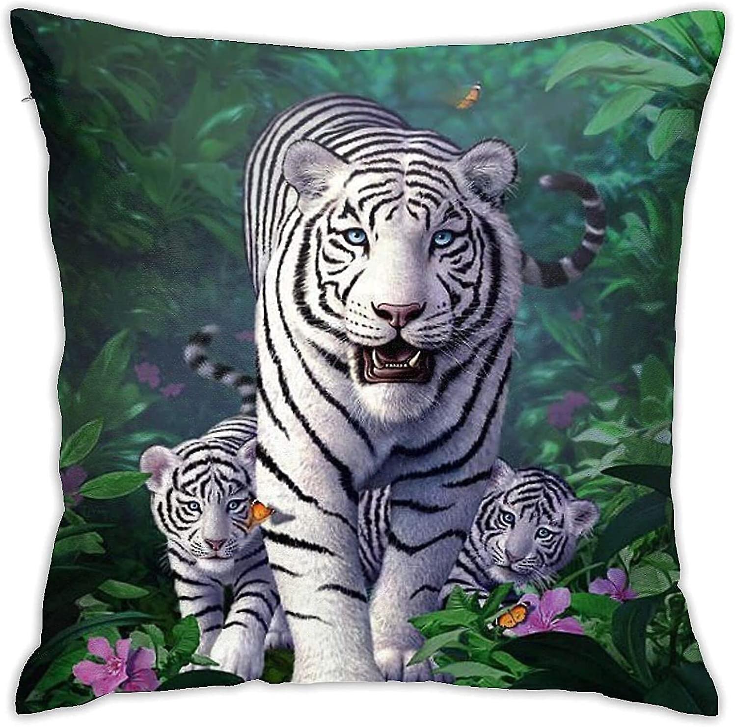 Kerota Big And Small White Tiger Pillow Covers Square Decorative Throw Pillow Covers Cushion Case For Sofa Couch Home Farmhouse Decor 18x18 Inch 45..