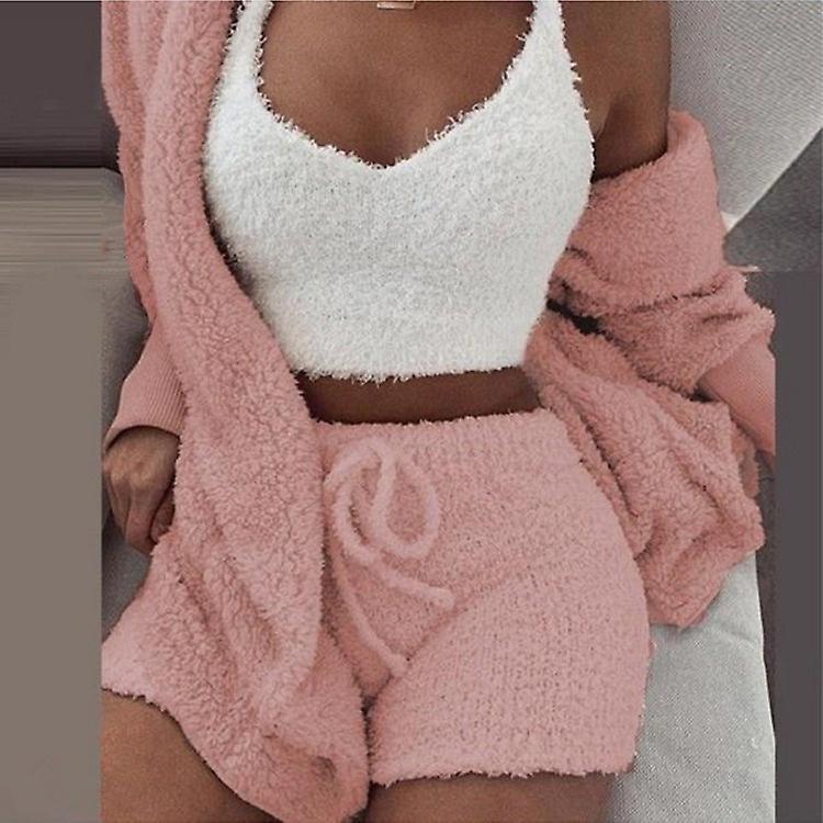 Le Contente 3pcs Plush Pajamas Set Women Plush Vest Coat Shorts Casual Loungewear Set Pink M