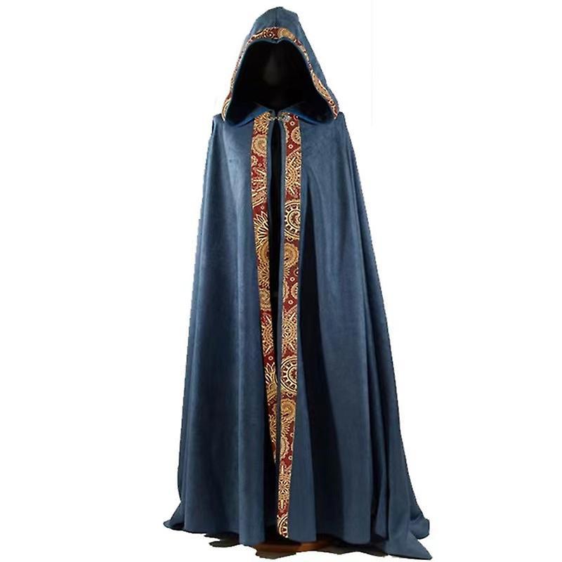 Baiyis Medieval Vintage Hooded Cloak Unisex Vampire Wizard Cape Viking Robe Halloween Cosplay Carnival Party Costume Blue L-XL