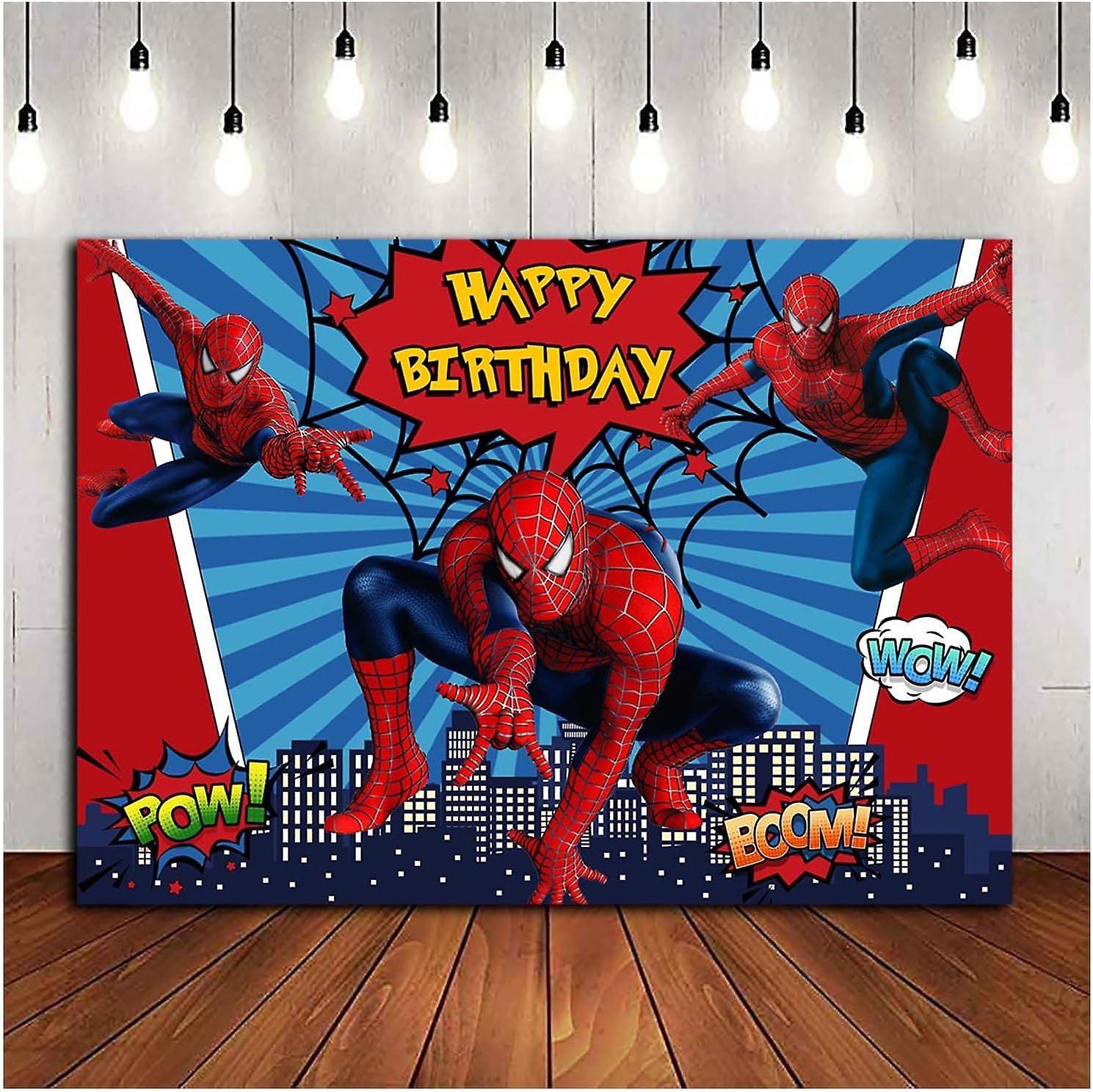 Heyone 8x6ft Spiderman Photography Backdrops Superhero City Theme Photo Background Kids Happy Birthday Spiderman Party Decoration Cake Table Banner...