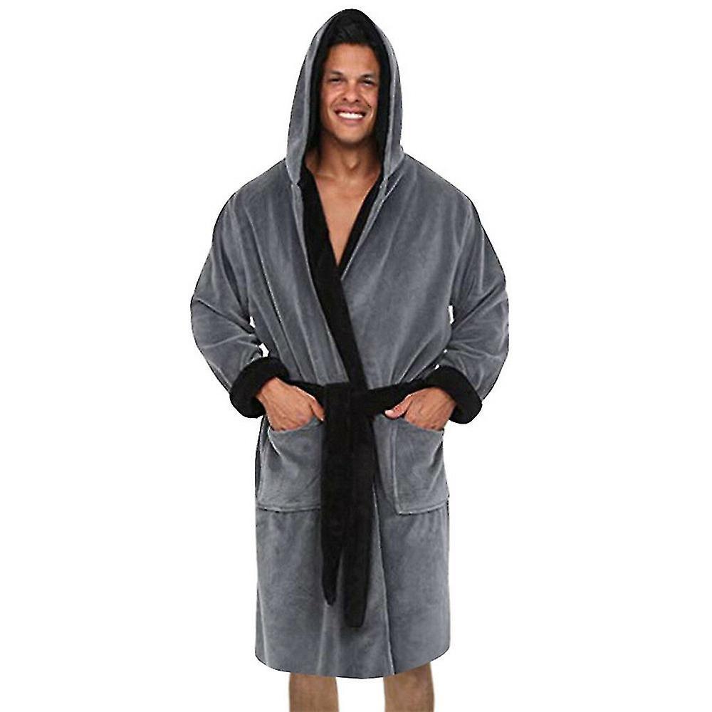 FLARUT Men Hooded Fleece Dressing Bathrobe Grey XXXXXL