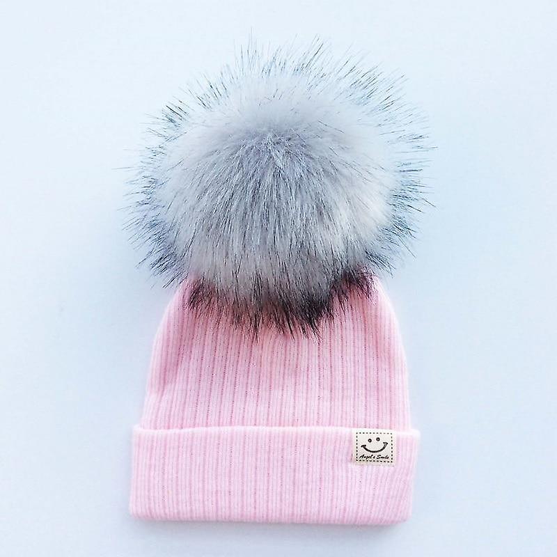 Slowmoose Winter Baby Artificial Pompom Knitted Hat, Toddler Kids Caps pink-200001438