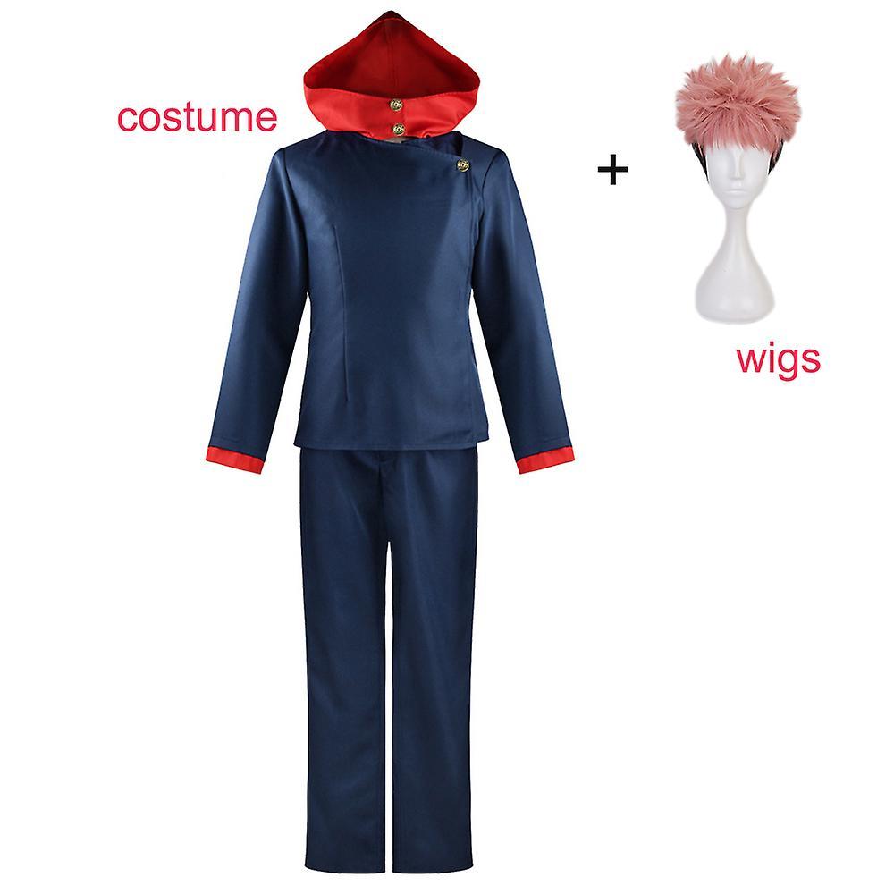 Carrep Anime Itadori Yuji Cosplay Costume Jujutsu Kaisen Yuji Itadori Costume Wig Party Halloween Tops Pants Costume with Wig S